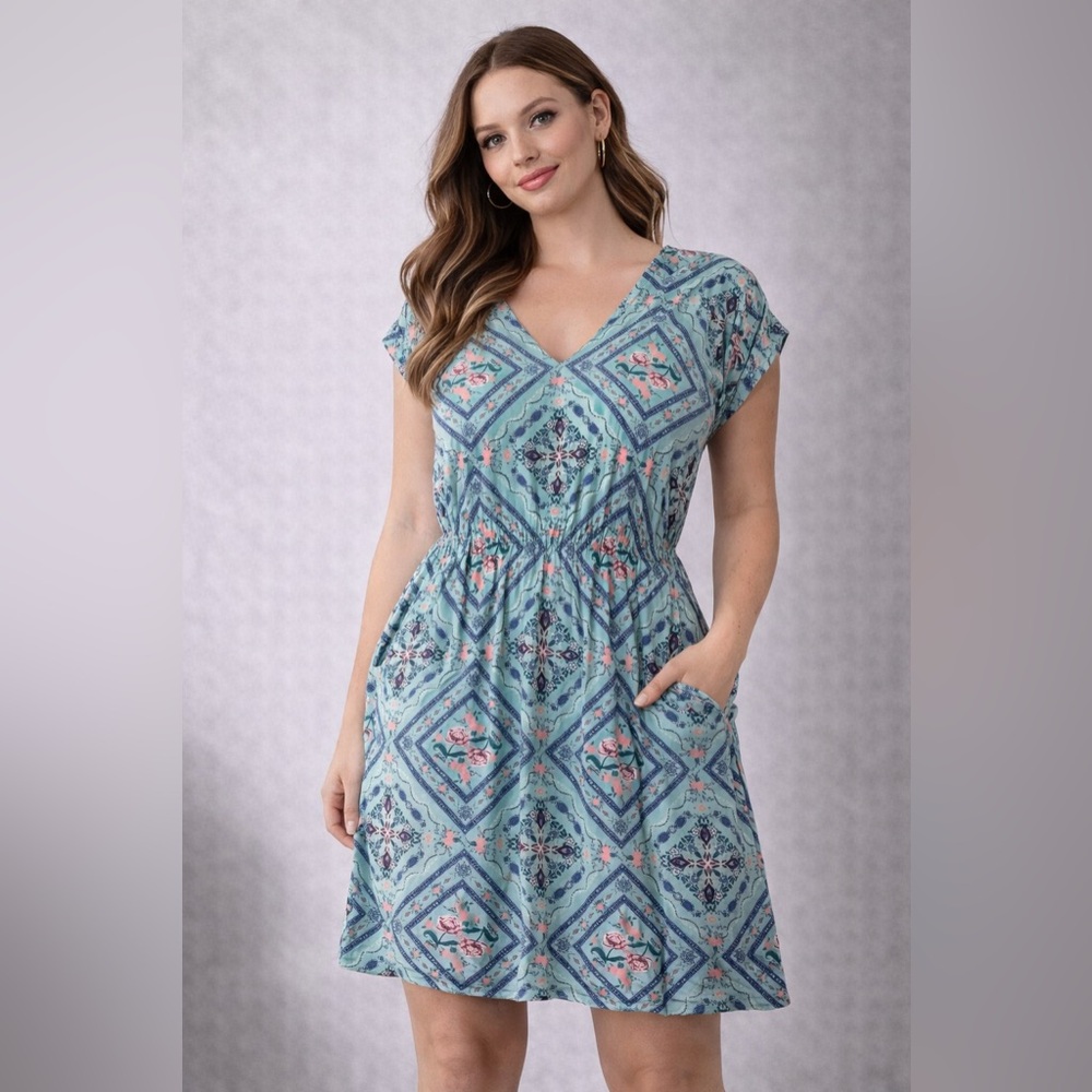 Pink Rose Medium Boho Floral Dress Blue V Neck‎ Elastic Waist Pockets